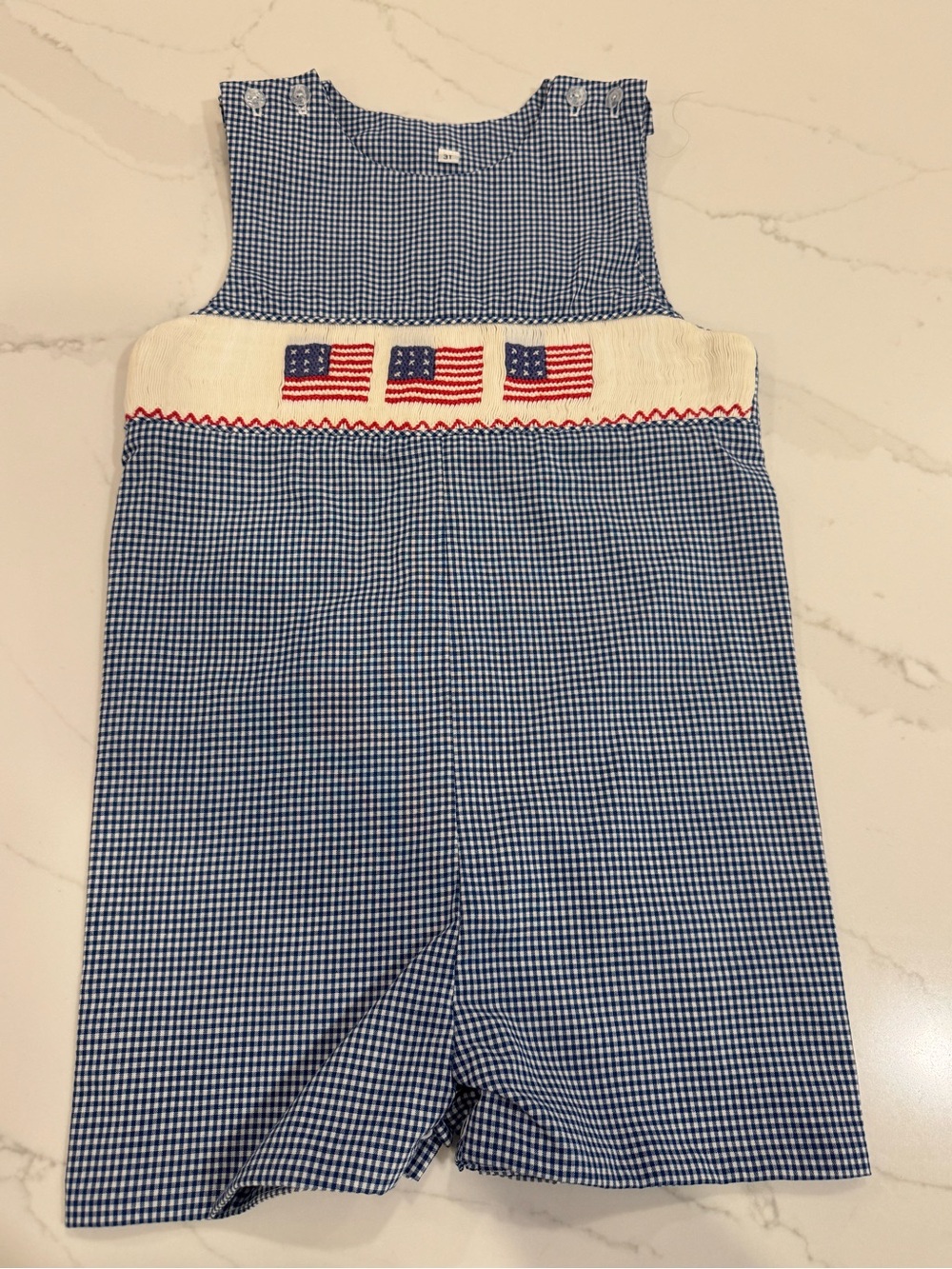 Blue Gingham Smocked Flag John John romper